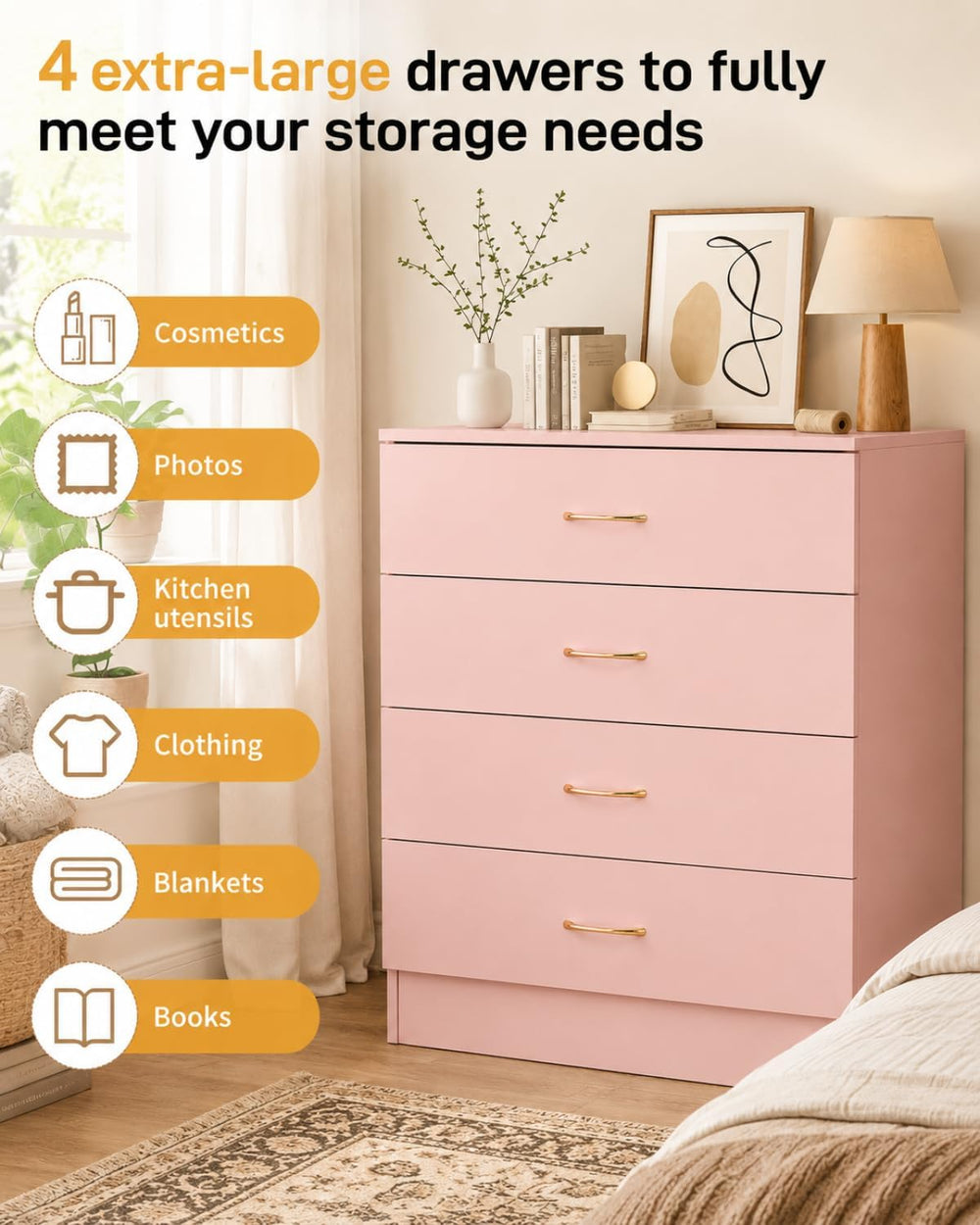 Karl home Pink 4 Drawer Dresser, Modern Small Chest of Drawers