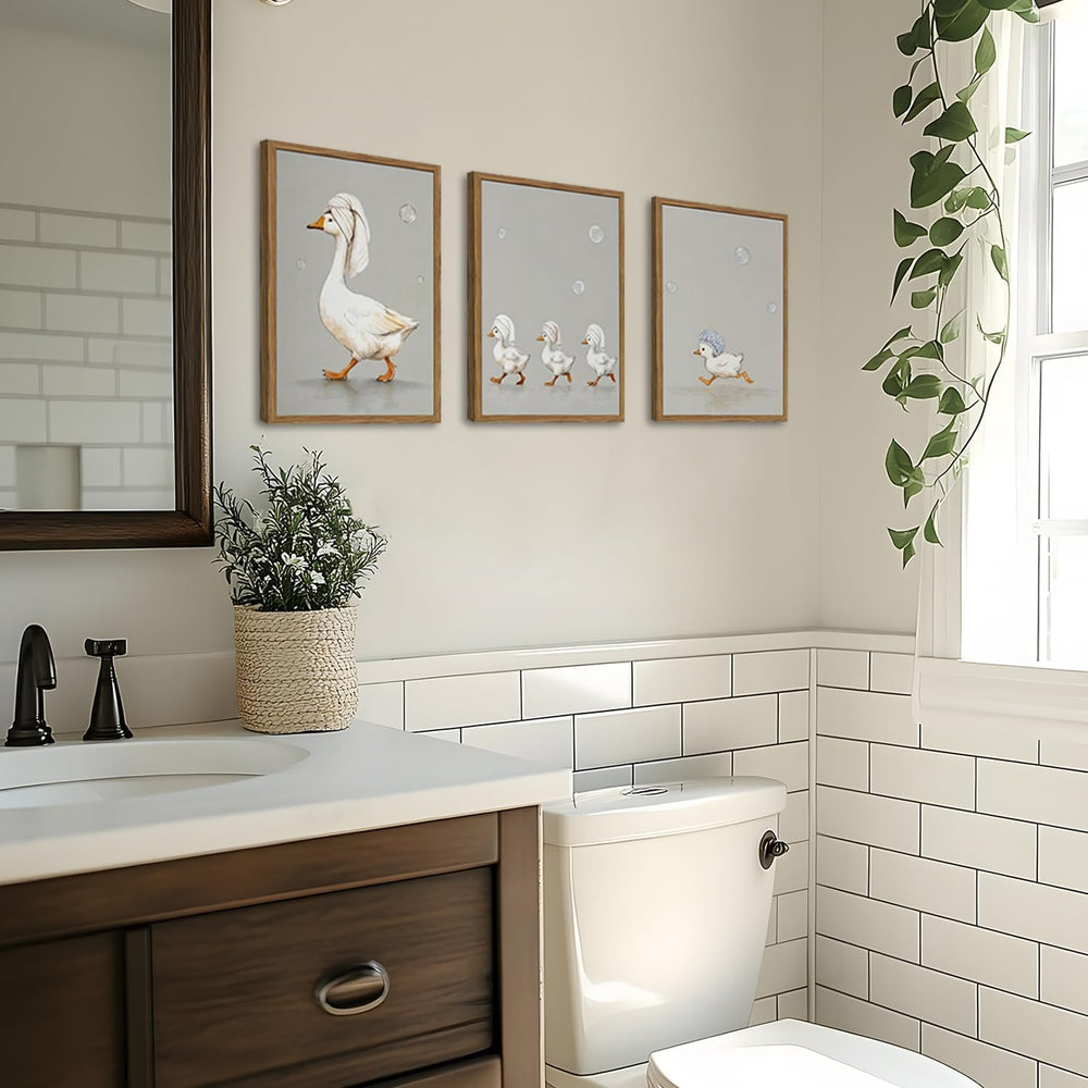 Cute Goose Bathroom Wall Art Set of 3, Funny Duck Bath Wall Decor Painting, W...
