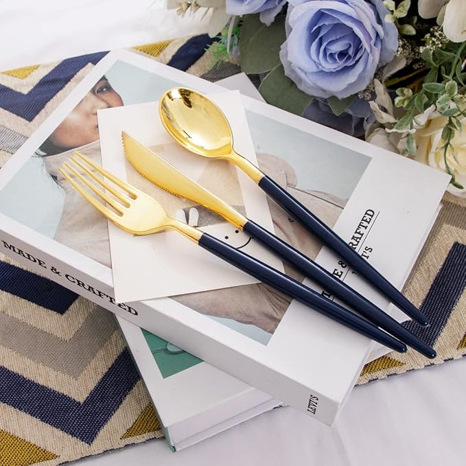 Liacere 150PCS Blue Plastic Plates - Gold Plastic Silverware with Blue Handle...