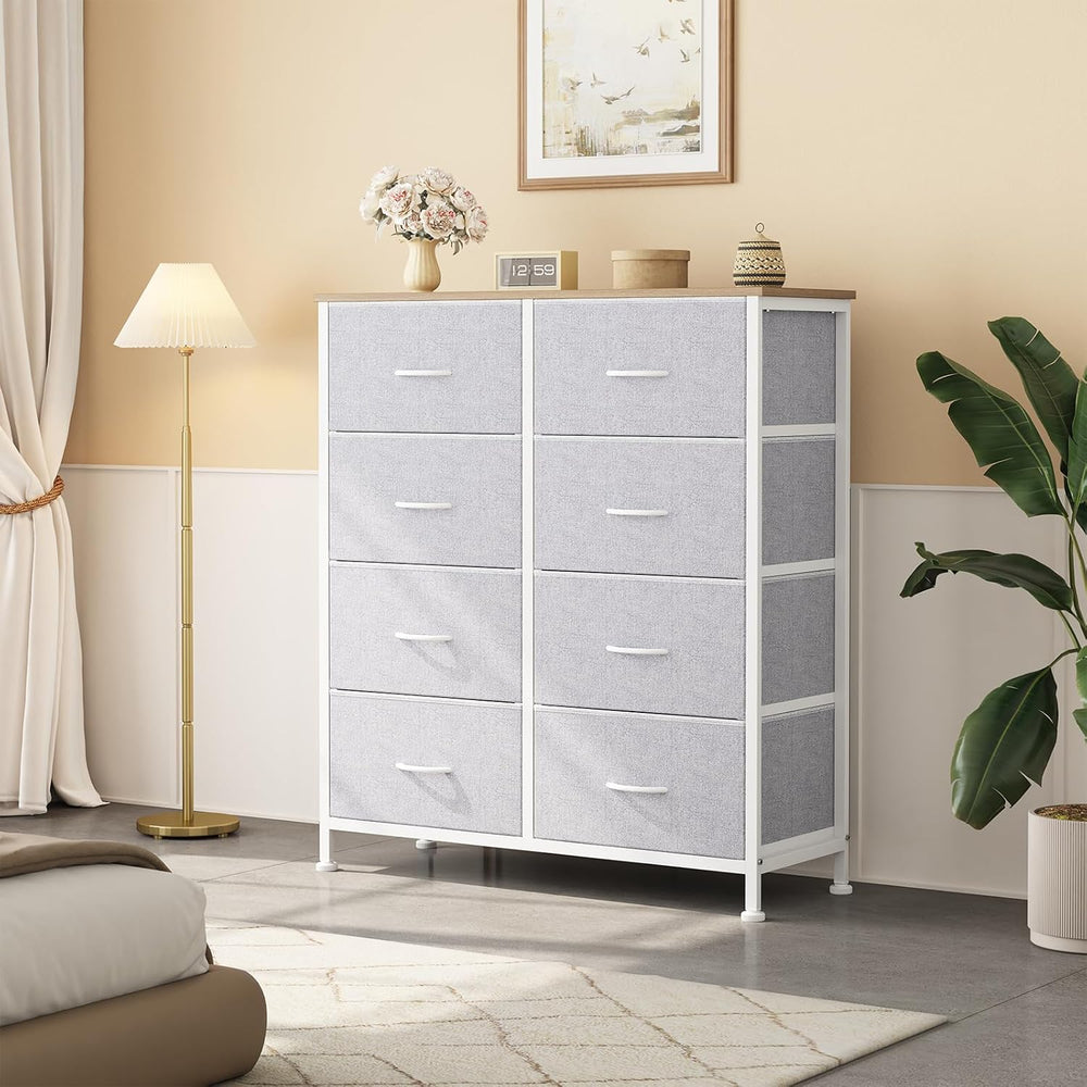 Sweetcrispy 8 Drawer Fabric Dresser for Bedroom, Tall Dresser, Light Grey