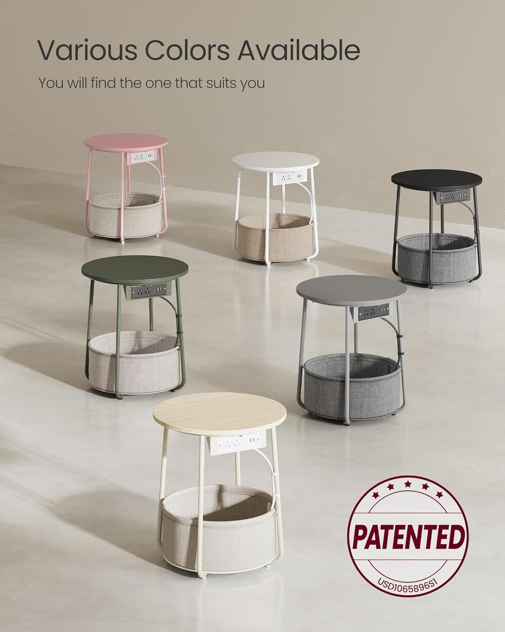 VASAGLE LILEA Collection - Side Table with Charging Station, Round End Table ...