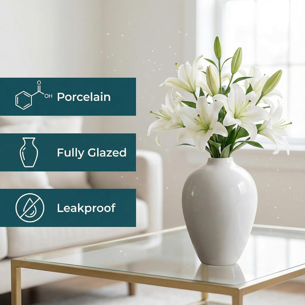 Willowy 10 Inch Elegant Glossy Porcelain Vase - White Ceramic Vase, Large Cer...