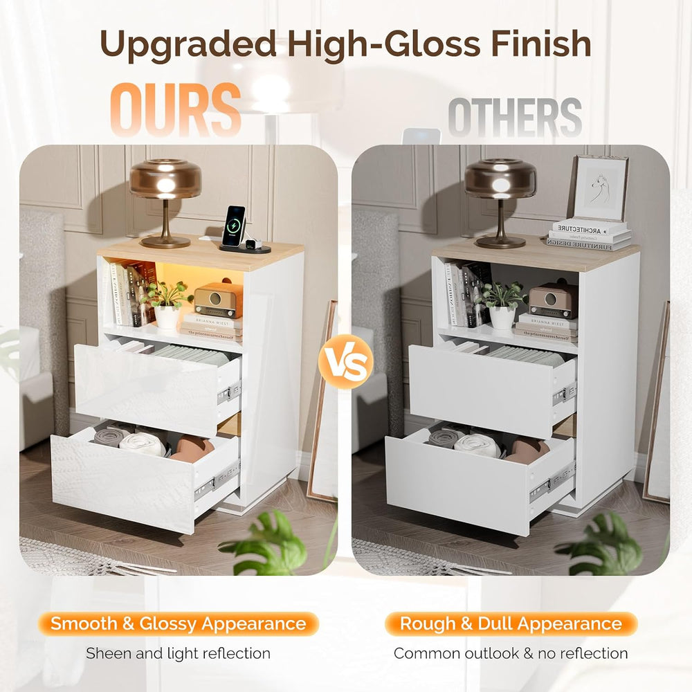 VINGLI White Nightstand with Charging Station, High Gloss Led Night Stand wit...