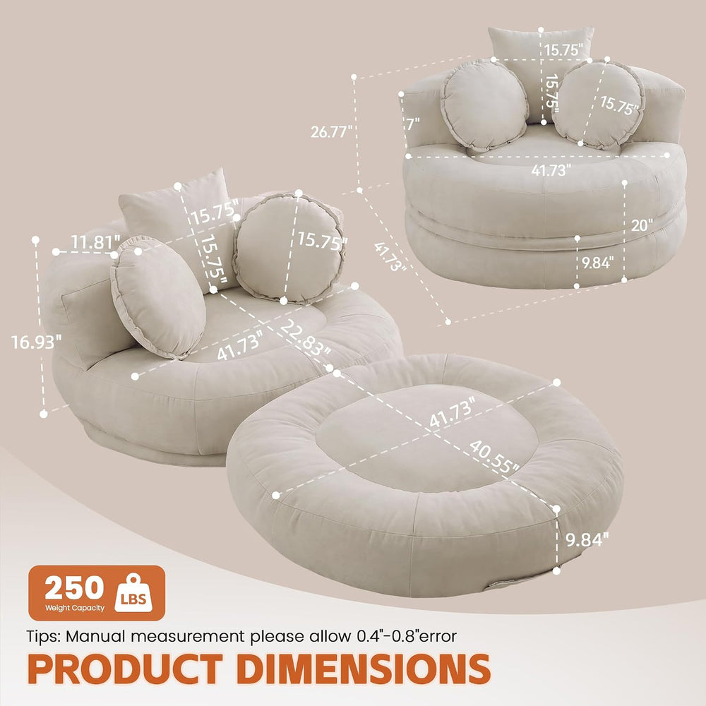 Boneless Convertible Round Floor Sofa Chair with Expandable Seat, Beige