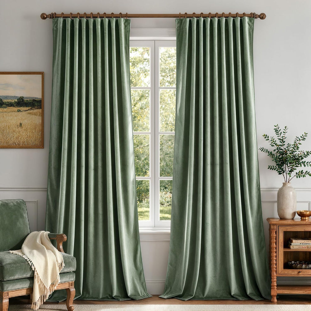 MIULEE Sage Green Velvet Pinch Pleat Blackout Curtains W52 X L96 Inches