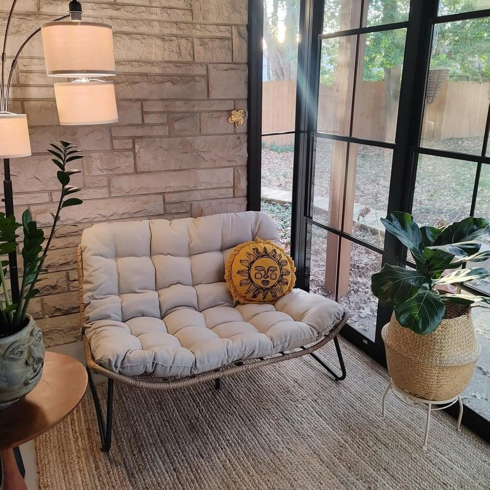 Outdoor Loveseat, Boho Rattan Patio Couch with Soft Cushion (Beige)
