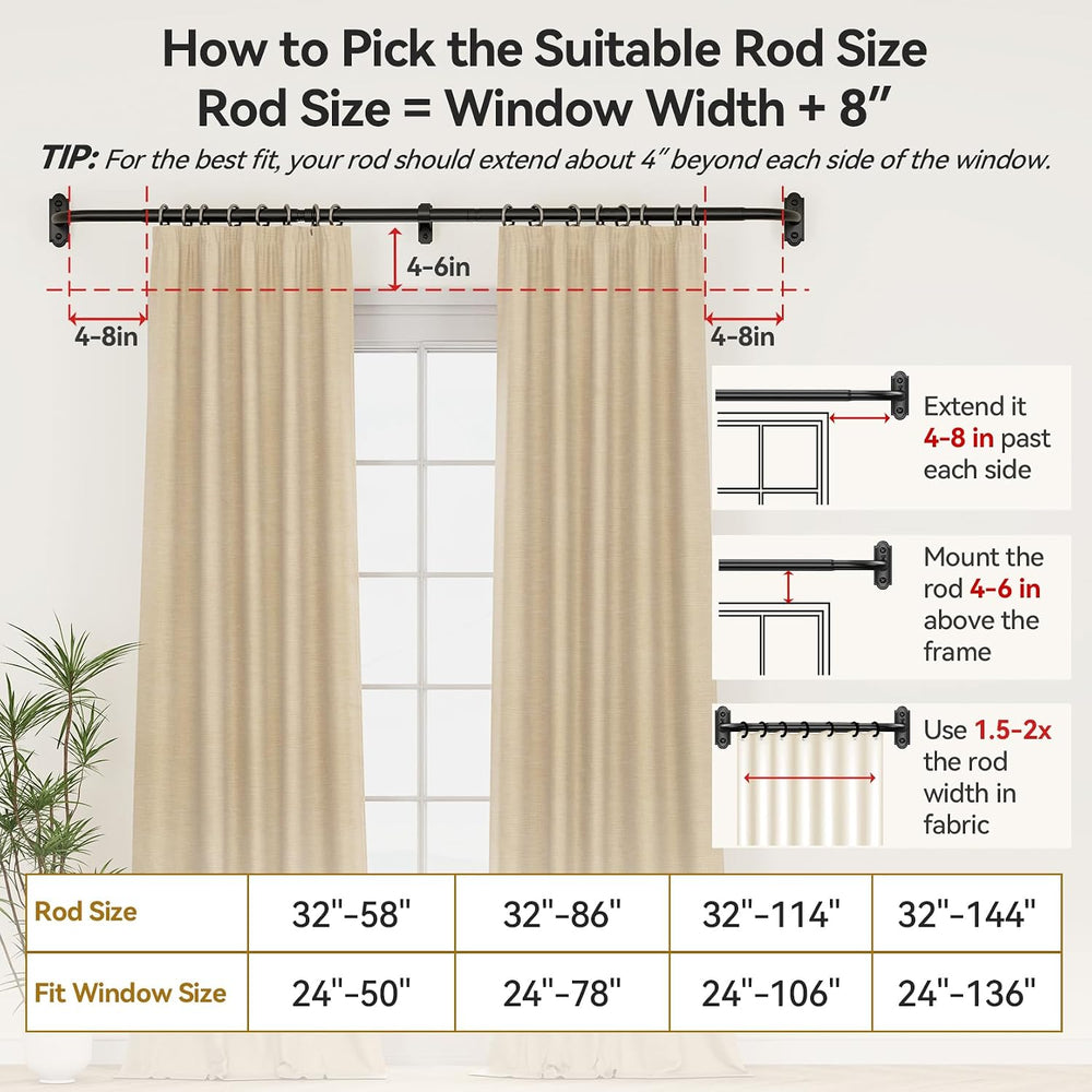 YaFex Curtain Rod 2 Pack 32-86 Inch, 1 Inch Heavy Duty Black Curtain Rods for...