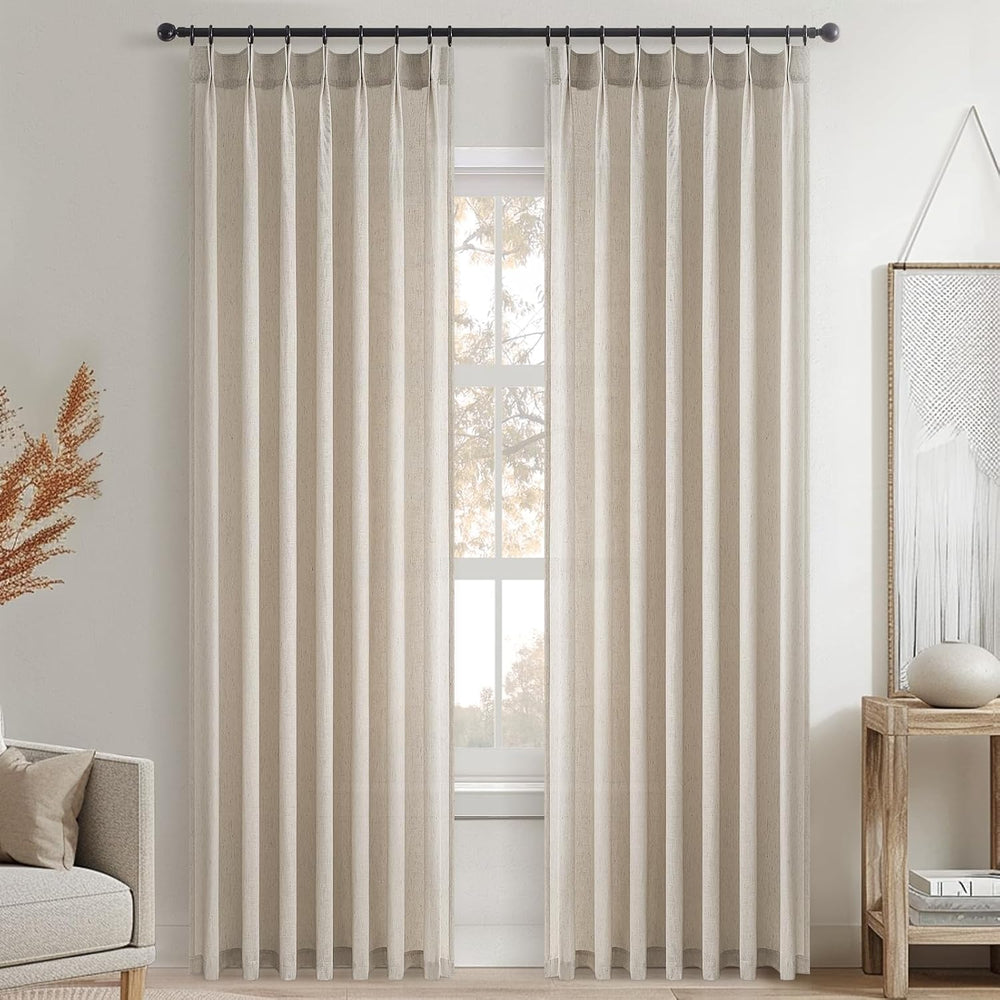 96 Inches Long Pleated Sheer Curtains,Oatmeal Linen Blended Light Filtering W...
