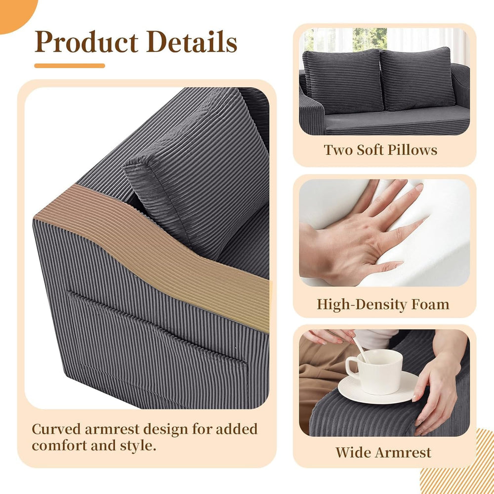 MeMoreCool 58" Boneless Loveseat Sofa Bed, Corduroy Pull Out, Warm Grey