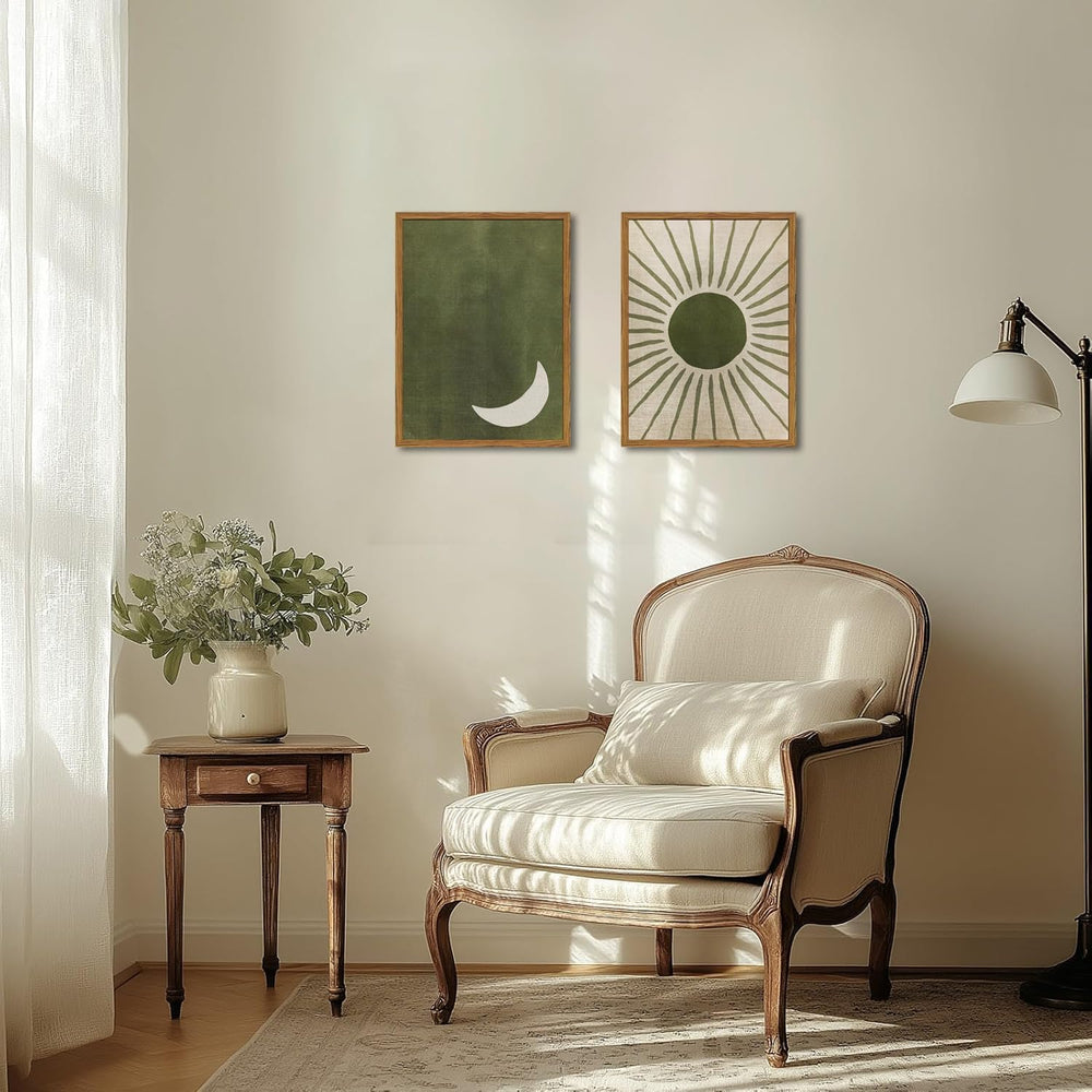 Framed Boho Sun and Moon Canvas Wall Art Set of 2, Vintage Sage Green Bohemia...