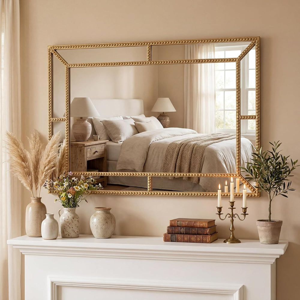 CHARMAID Gold Beaded Wall Mirror, 36"x24" Decorative Metal Framed V...