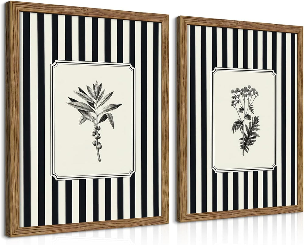 Framed Vintage Botanical Wall Art Set of 2, Black and White Striped Floral Ca...