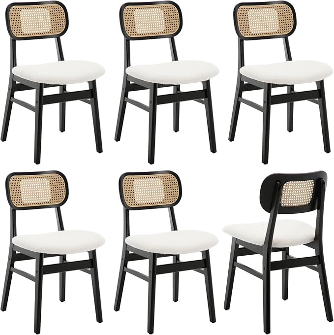 Black Rattan Dining Chairs Set of 6 Sherpa Dining Room Chairs Natural Wooden ...