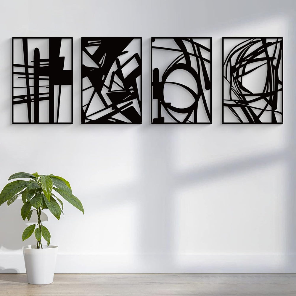 Glamativity 4 Pack Black Abstract Metal Wall Art, Minimalist Décor Single Lin...