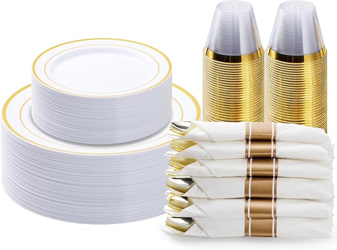 BESTVIP 175PCS Gold Plastic Dinnerware Set, Disposable Party Plates for 25 Gu...