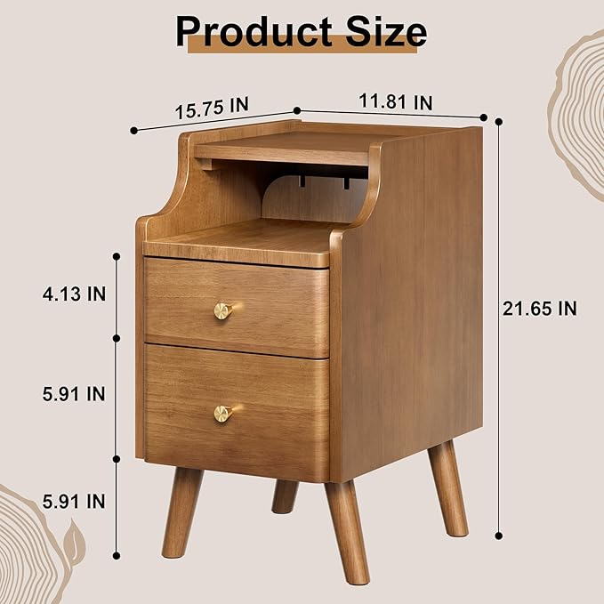 Narrow Nightstand, Solid Wood Night Stand with 2 Drawers, Walnut Mid Century ...