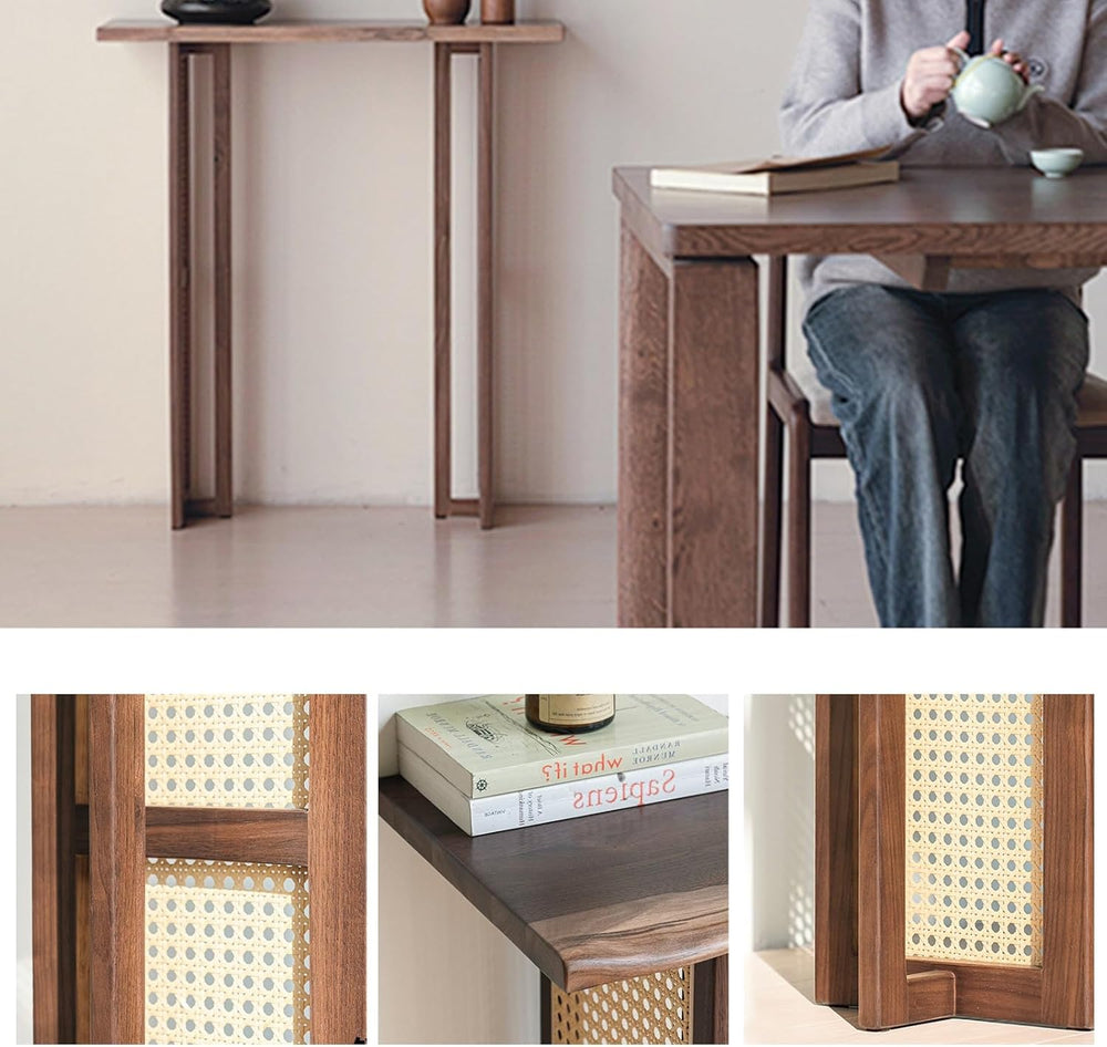 Rustic Console Table with Solid Wood Tabletop and Rattan Table Legs Narrow Sh...