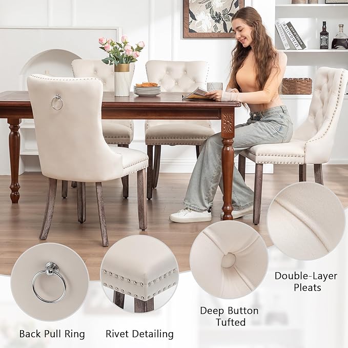 Velvet Dining Chairs Set of 6, Upholstered Dining Room Chairs with Nailhead R...