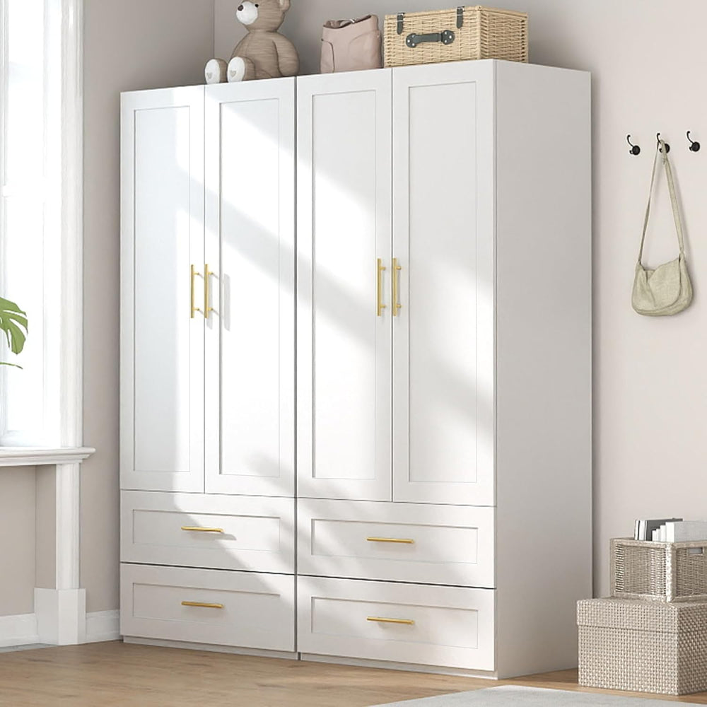 White Wardrobe with 4 Doors and 4 Drawers,75" Tall x 63" Wide