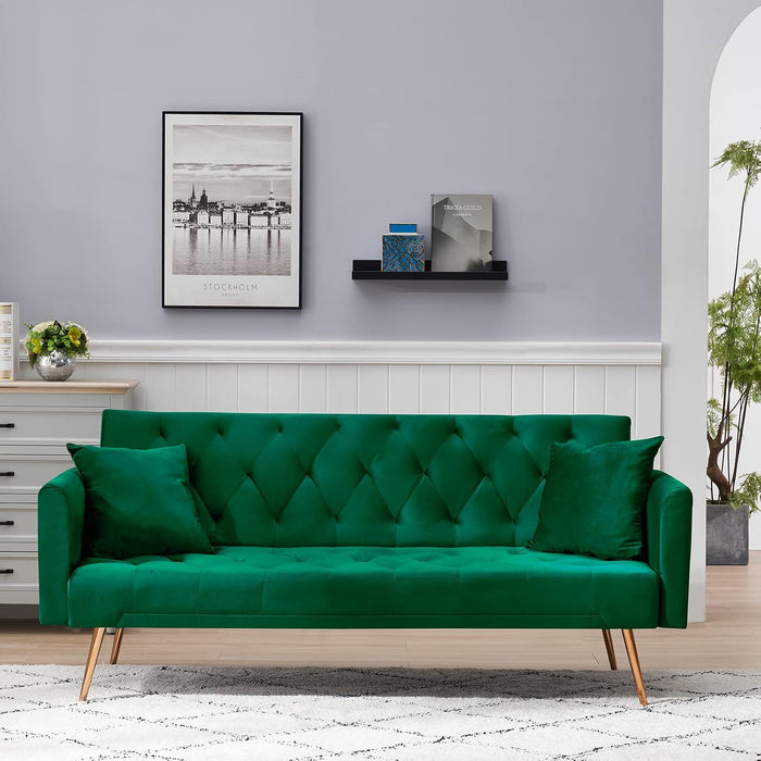 Velvet Futon Sofa Bed with 2 Pillows, Convertible Sleeper Sofa Couch with 3 Angle Adjustable Backrest, Modern Loveseat with 4 Golden Metal Legs for Living Room and Bedroom