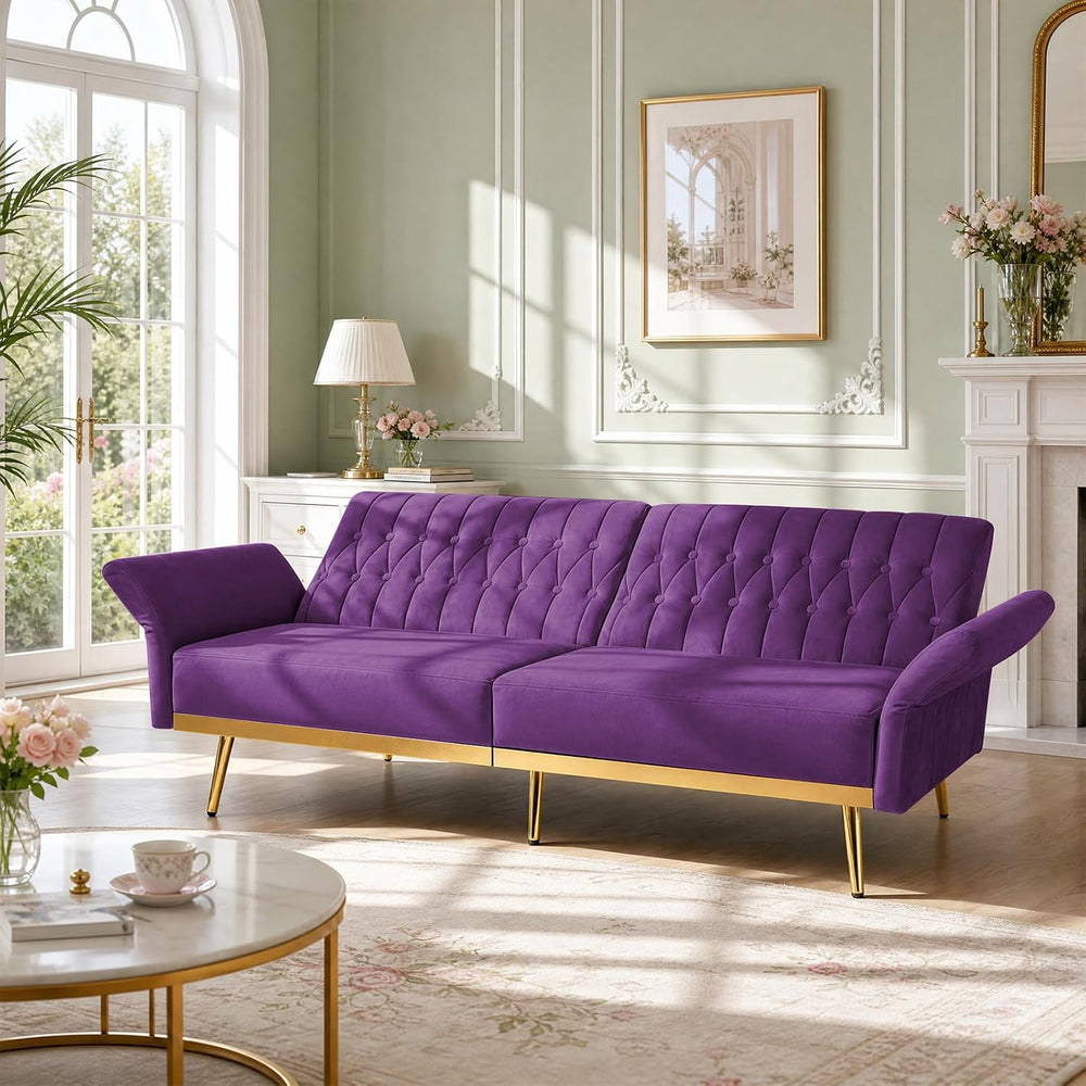 70” Velvet Futon Sofa Bed w/Adjustable Armrests, Purpel