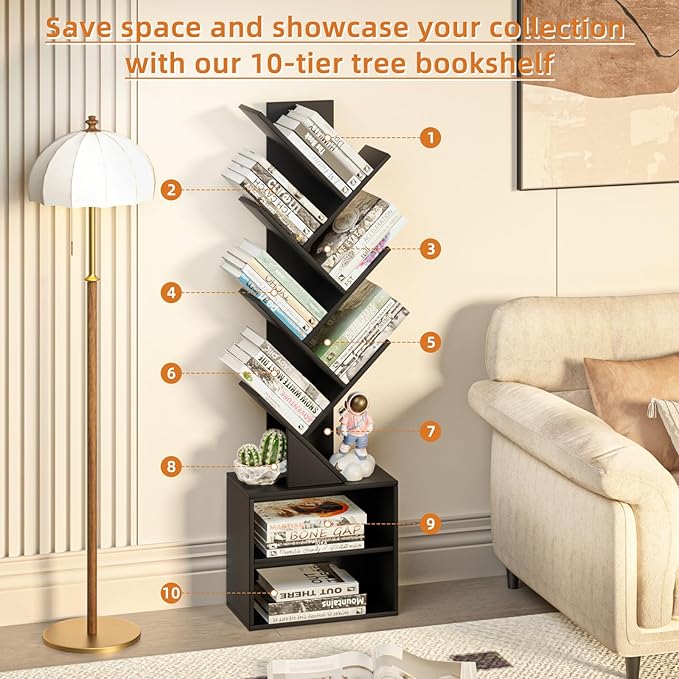 10 Tier Tree Bookshelf,Floor Standing Wood Tall Bookcase for Narrow Space, St...