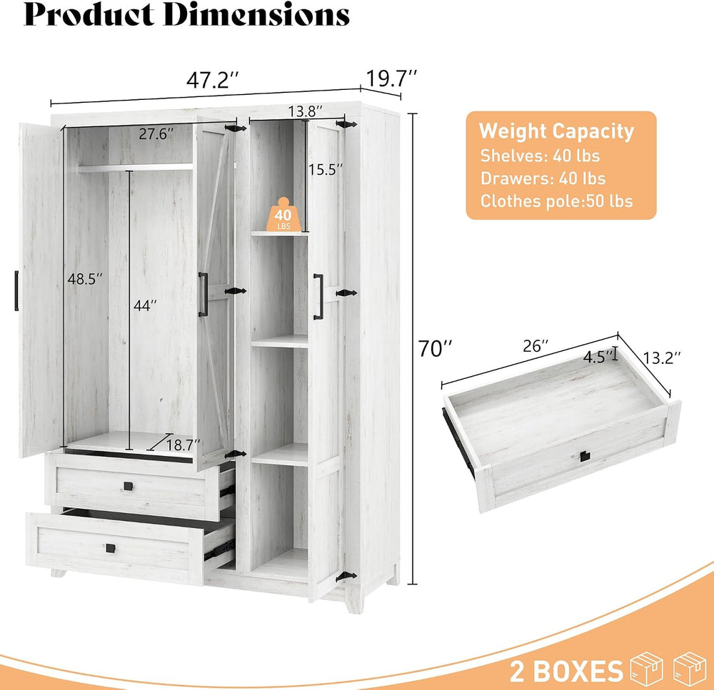 AMERLIFE Farmhouse 3 Door Wardrobe Closet with 2 Drawers & Hanging Rod