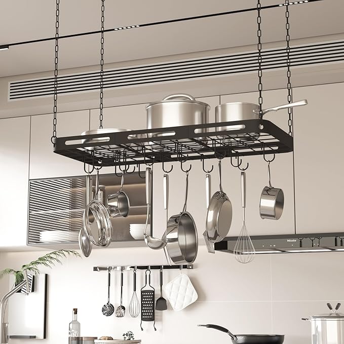 33” Pots and Pans Hanging Rack, Heavy-duty Metal Square Kitchen Ceiling Pot Rack