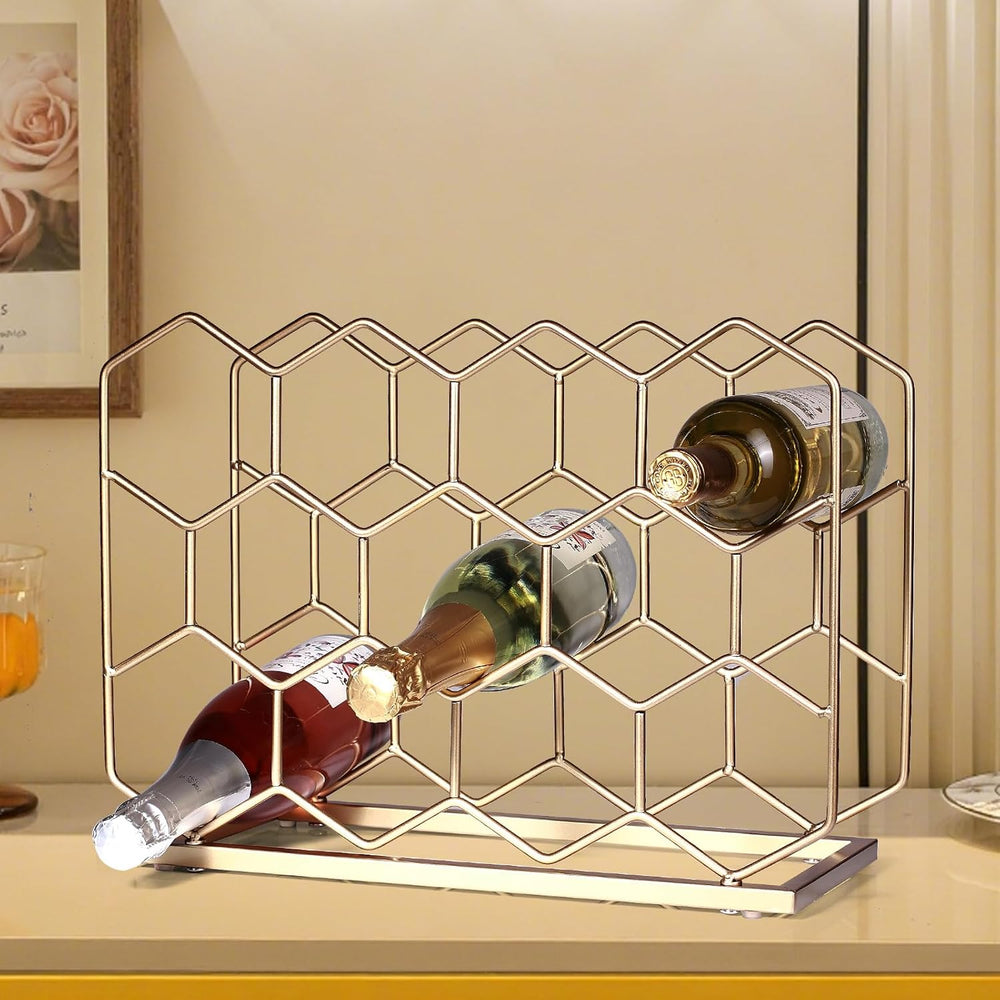 Countertop Wine Rack - 14 Bottle Freestanding Modern Gold Metal Small Wine Ra...