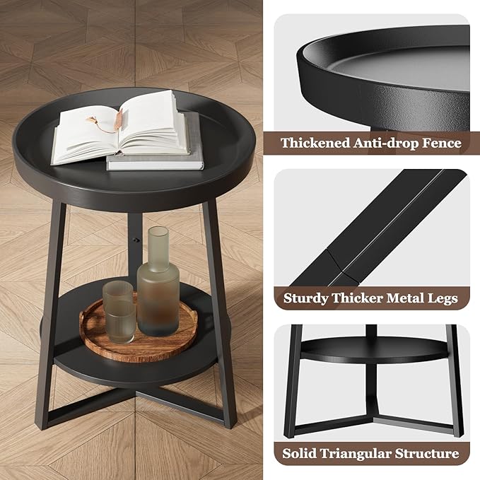 Gadroad Round End Table with Storage Shelf, 2 Tier Farmhouse Side Table Night...