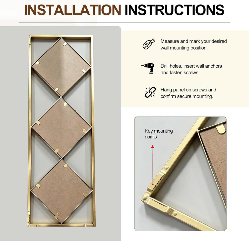 Set of 3 Gold Wall Mirrors, Large Geometric Decorative Mirrors with Metal Fra...