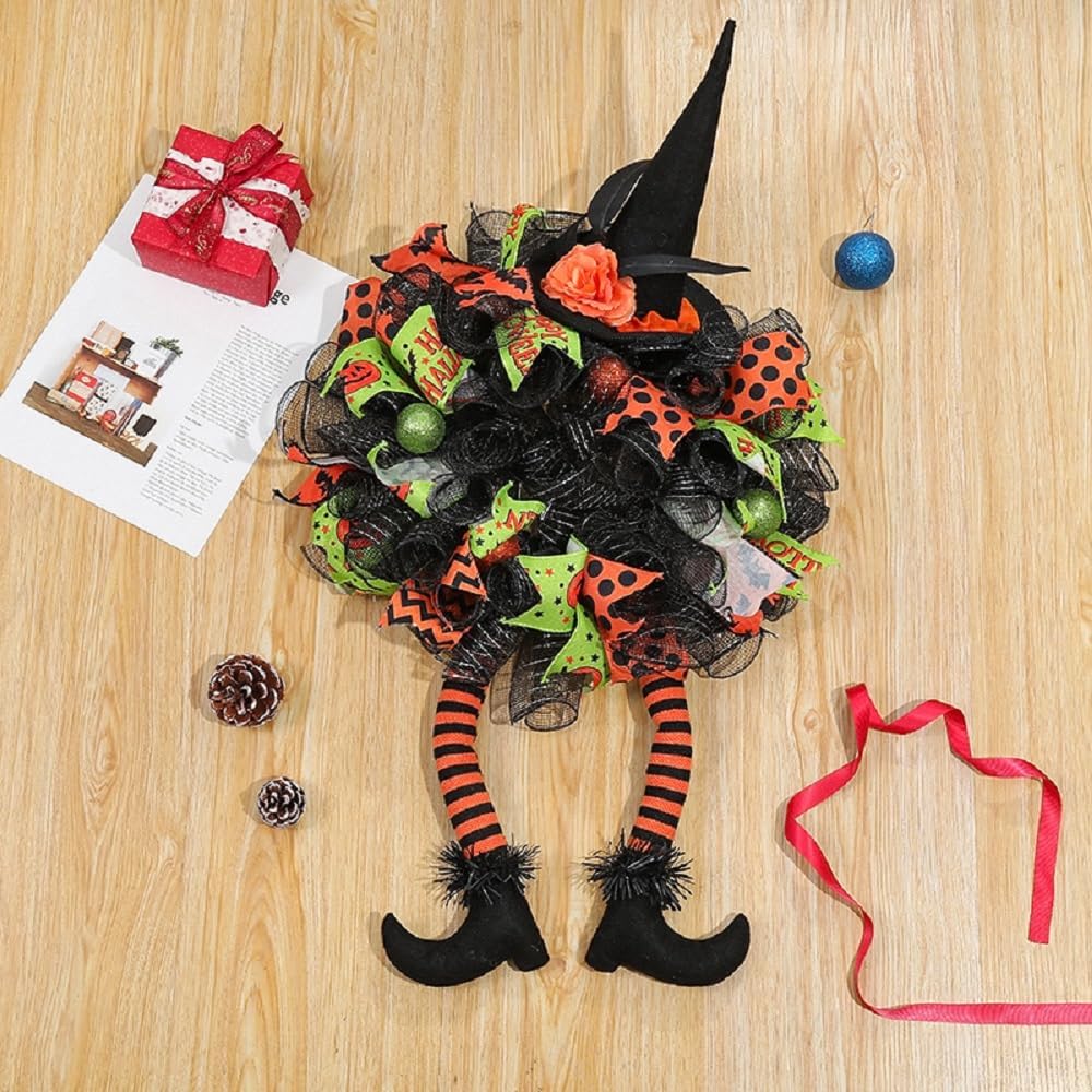 Halloween Witch Mesh Hat Legs Wreath, Front Door Decoration