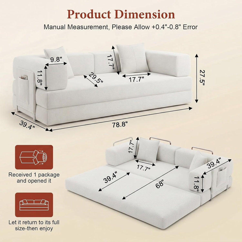 Convertible Futon Sofa Bed | 78.8โ Corduroy Boneless Couch with Pull Out Sofa...