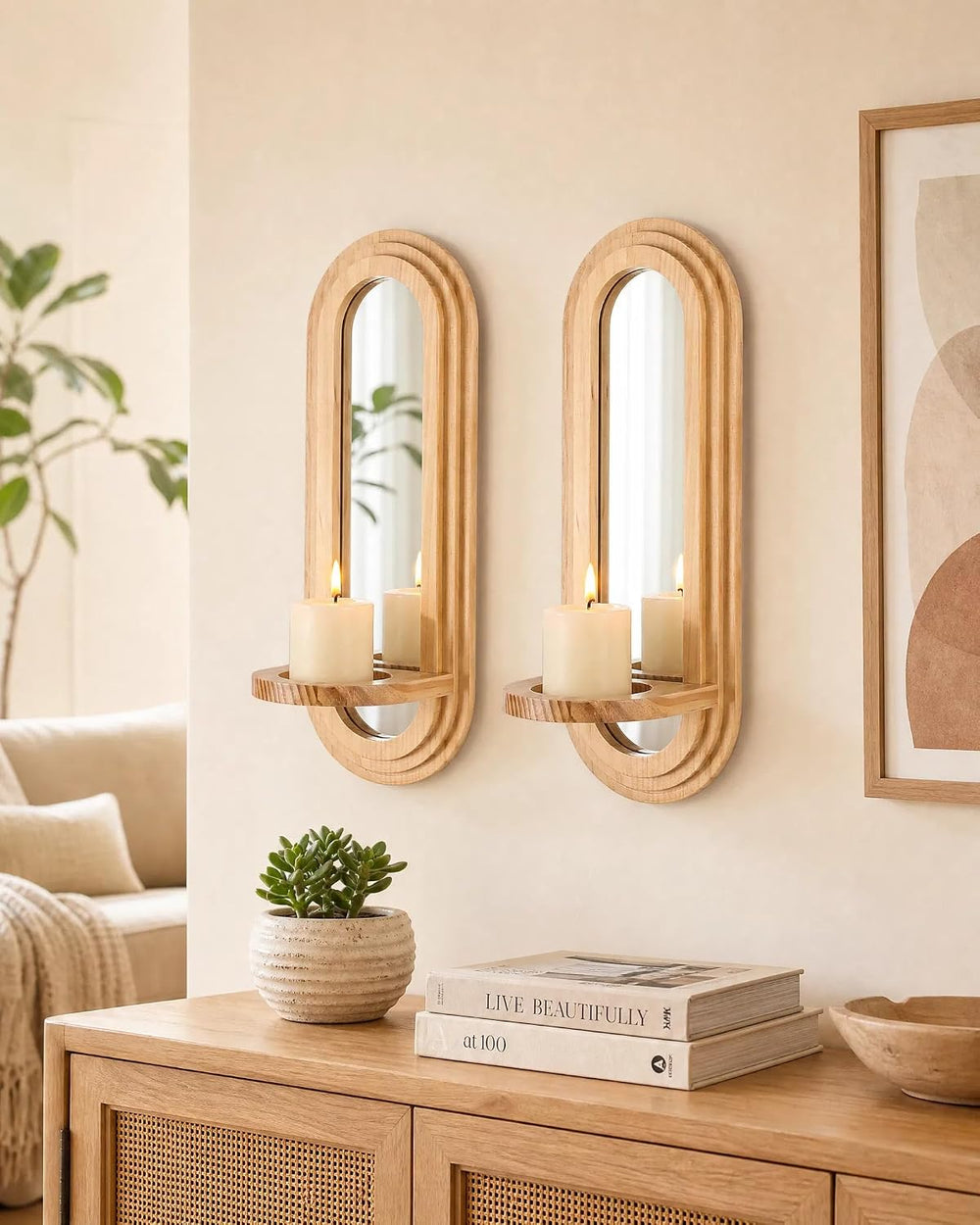 Wood Wall Sconce Candle Holder with Mirror - Set of 2 Wooden Candle Holders,F...