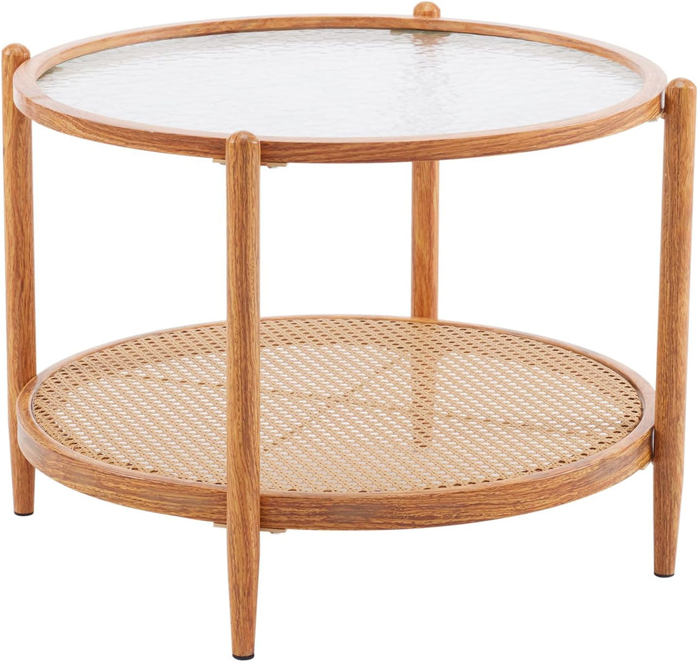 VINGLI 25.6" Round Glass Coffee Table, Rattan Coffee Table, Natural Vibe