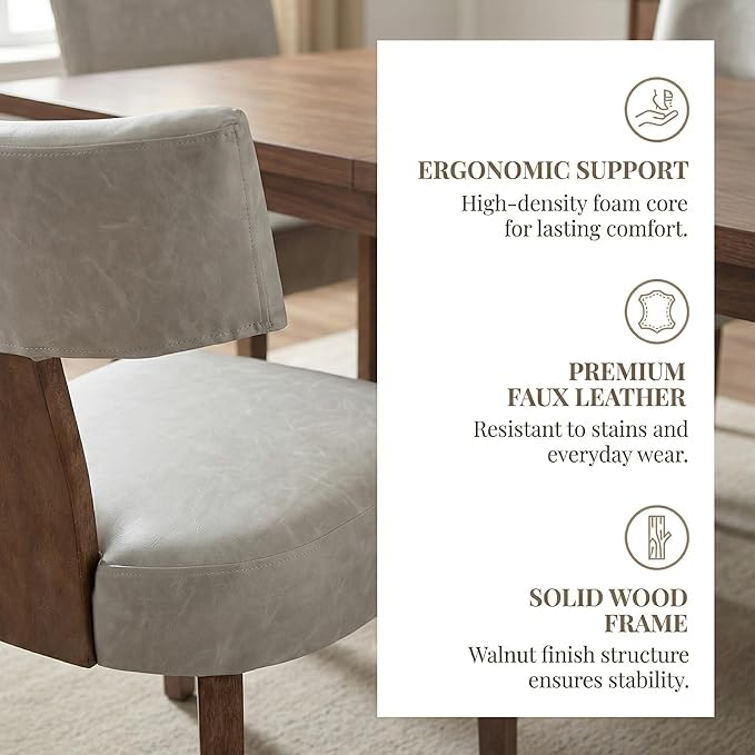 Grey Leather Dining Chairs Set of 2, Upholstered Wooden Dining Room Chairs, M...