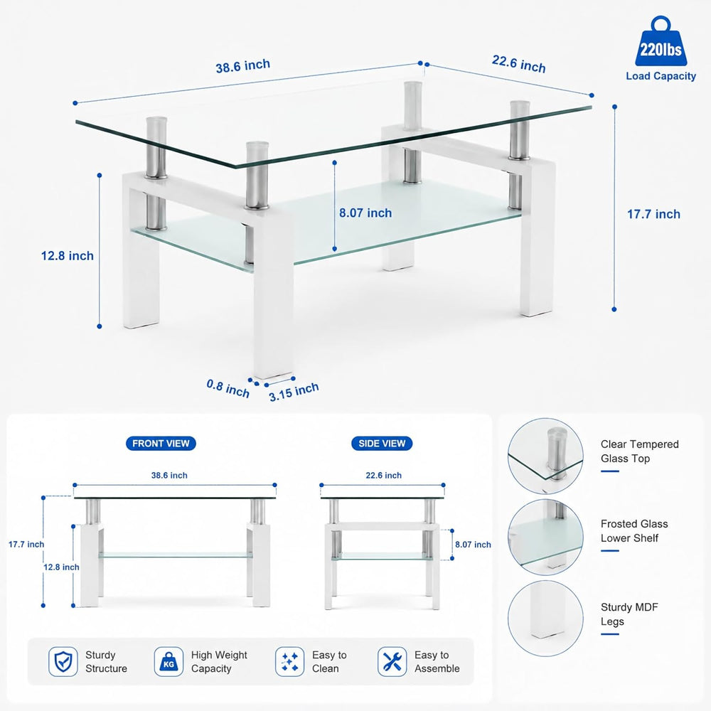 Glass Coffee Table for Living Room, Modern Coffee Table with Transparent Temp...