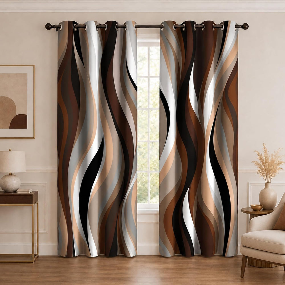 Brown Abstract Blackout Curtain, Stripe Black White Gray Aesthetic Art Window...