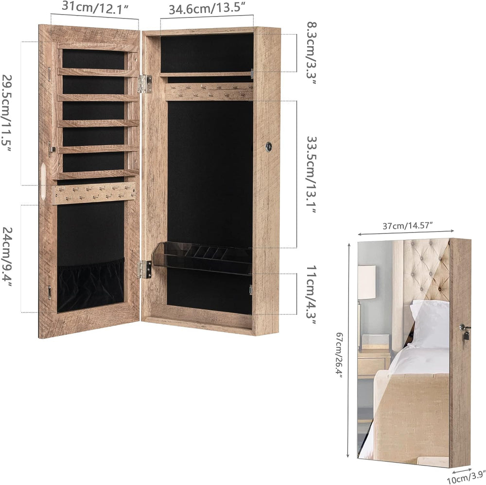 LAVIEVERT Lockable Jewelry Cabinet Armoire w/Frameless Mirror - Wood Grain | ...