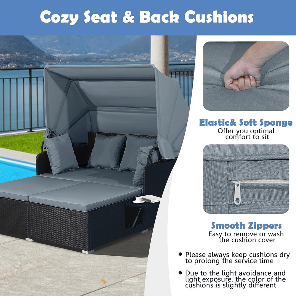 Moccha Outdoor Daybed with Retractable Canopy, Wicker Cabana with 2 Side Tabl...