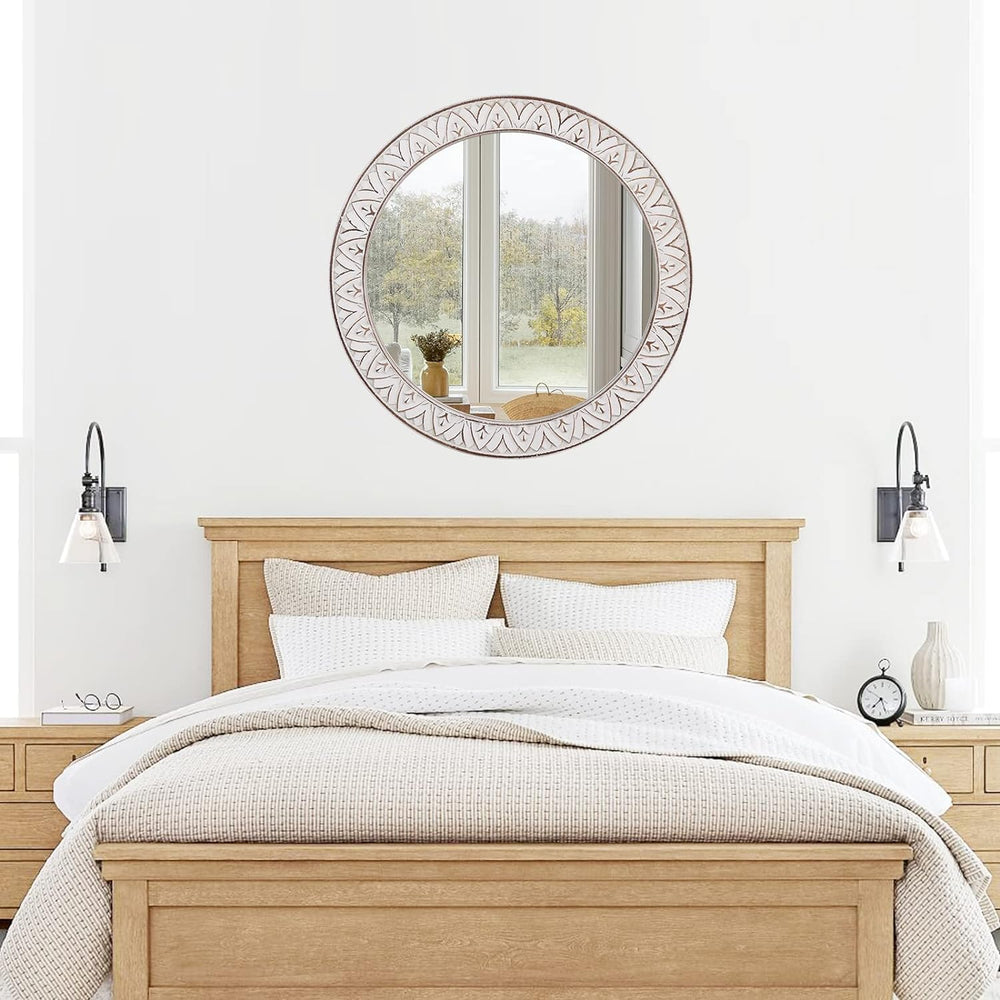 24" Round Mirror Farmhouse Wooden Frame Circle Mirrors, Rustic Decorativ...