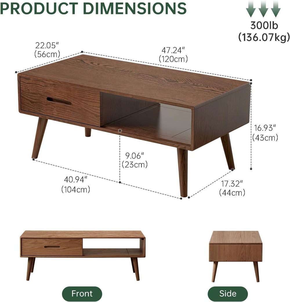 100% Oak Wood Coffee Table, Mid Century Modern Living Room Table