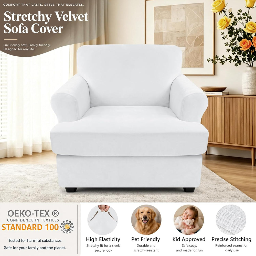 YEMYHOM Real Velvet 2 Pieces T Cushion Chair Covers with Arms Super Stretch C...