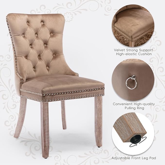 Velvet Upholstered Dining Chairs Set of 2, Modern Style Kitchen Side Chairs w...