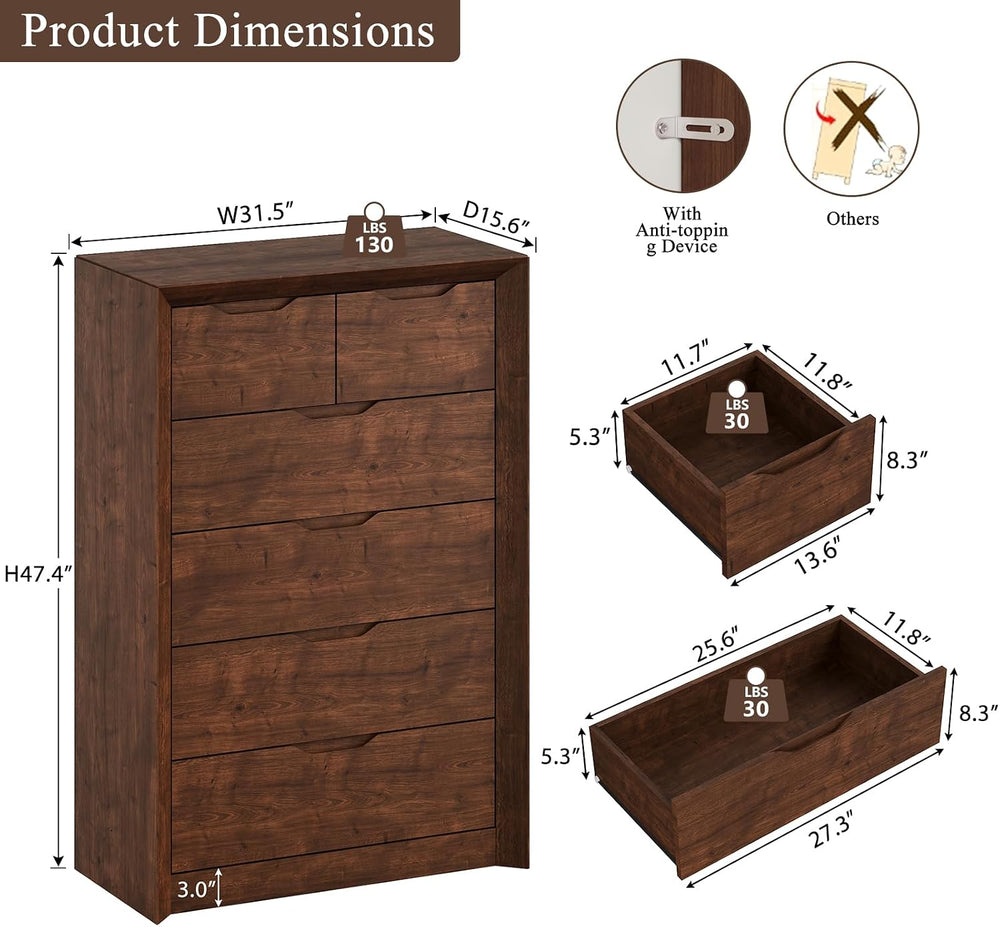 YANSNWO Walnut 6 Drawer Dresser for Bedroom, 47.4" Tall Chest of Drawers