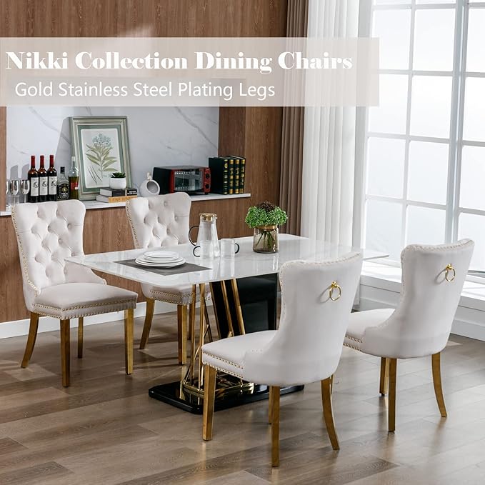 Beige Velvet Dining Chairs Set of 4, Upholstered Dining Room Chairs with Back...