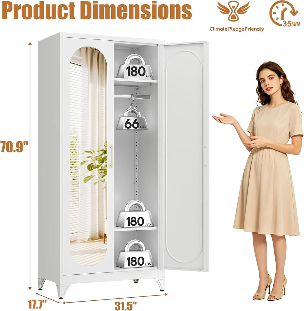 Metal Wardrobe Closet with Mirror Doors and 2 Adjustable Shelves