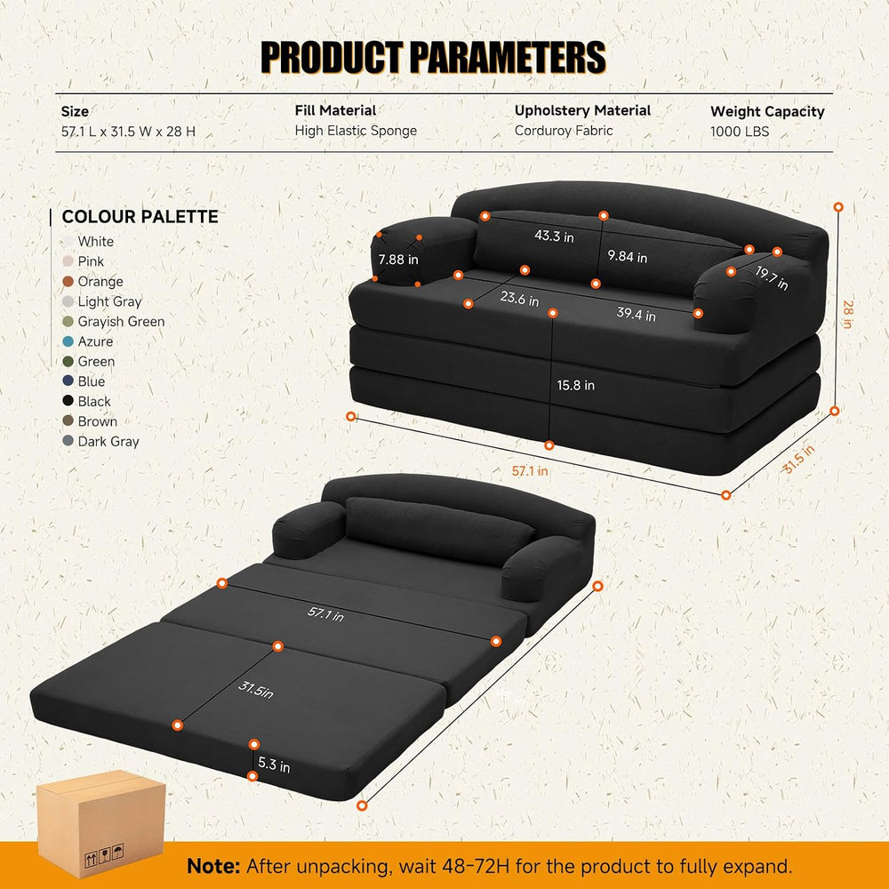 57.1" Trifold Boneless Couch for Living Room, Convertible Sofa Bed