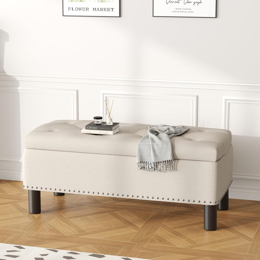 Furniliving Large Storage Ottoman, Beige, Wood Frame, Linen Fabric, 285 Lbs C...
