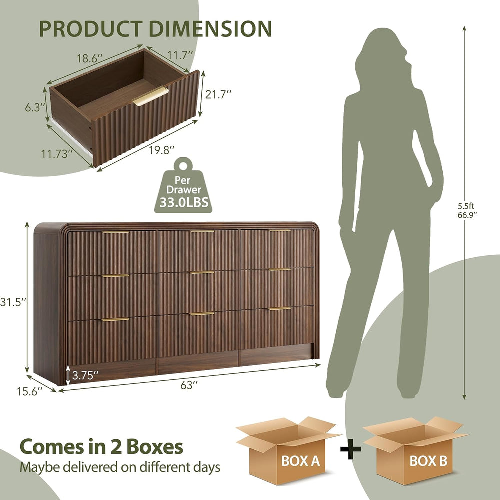 Decofy Fluted 9 Drawers Dresser, 63'' Wide Chest of Drawers for Bedroom